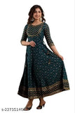 Teal blue ethnic motifs printed anarkali kurta for women, three-quarter sleeve, round neck, flared hem, machine weave rayon fabric