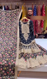 Heavy faux Georgette Sharara suit set, embroidered three-quarter sleeves Kurta with dupatta and bottomwear on mannequin. New designer Indian fashion in XL size (42in bust, 43in waist, 40in length)