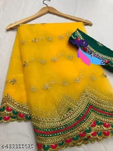 Yellow embellished net saree with separate silk blouse, Indian hand-embroidered traditional attire