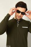 Green cotton blend solid Henley t-shirts for men, long sleeves, mandarin collar, India origin