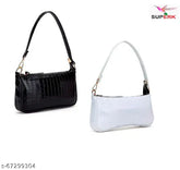 Black PU embellished handbag for women, free size (10x12x8in), Croc-textured leatherette