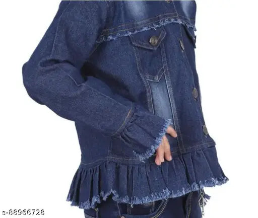 Solid denim, long sleeve self-design girls jacket (size 10-11 years)