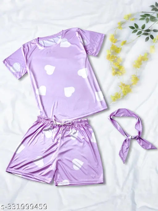 Heart print silk night suit set: T-shirt, pajamas, and shorts with drawstring elastic waistband, India-made luxury sleepwear