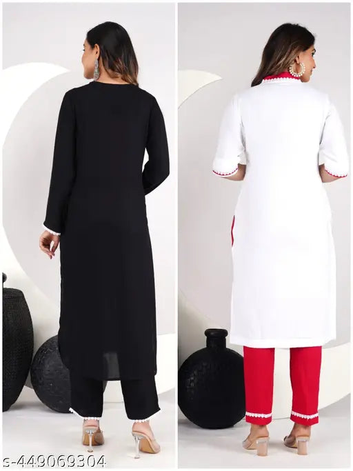 Rayon printed embroidered straight kurtis and palazzos set for women, size S-XXXL, made in India