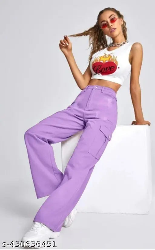 Lavender cotton blend cargo pants for women, high rise, four pockets, crop length, comfortable and stretchable