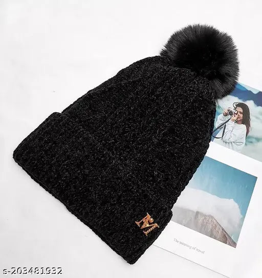 Woolen winter beanie cap with fur inside and soft pompom, stylish women's one-size warm accessory from 1To Finity
