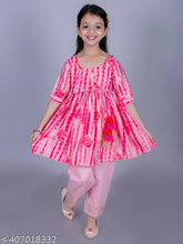 Pink cotton tie-dye, golden foil print Anarkali/Flared Kurta & Pant set for girls, 90% cotton, 10% polyester. Comfortable and durable clothing with knee-length top and three-quarter sleeves. Various sizes available from 12 months to 9-10 years, gentle machine wash, India origin