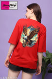 Oversized cotton eagle print half-sleeve t-shirt for women/girls, three-quarter sleeves, India origin