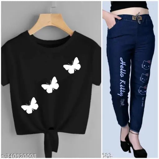 Unique cotton blend t-shirt & denim jogger jeans combo pack 2 for women, stylish fashionable apparel