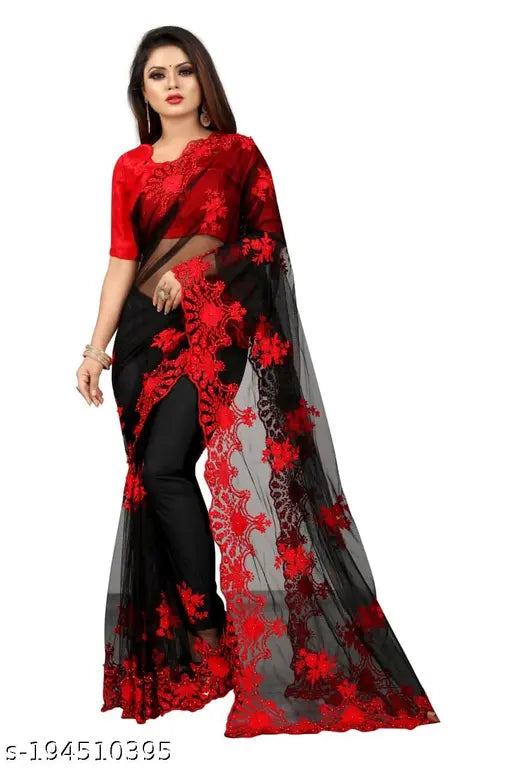Embellished net saree with separate satin blouse, Indian free-size graceful Aakarsha design