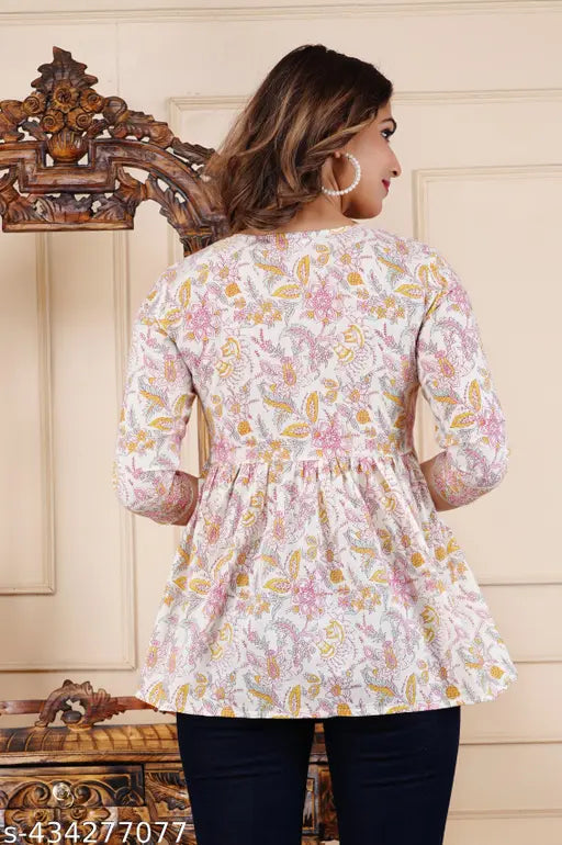 Elegant Floral Print 3/4 Sleeve Square Neck Cotton Top - Breathable, stylish, and versatile cotton top with floral print, ideal for office or casual wear