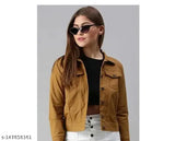 Stylish denim brown jacket for girls and women, solid design with long sleeves, size S - made in India