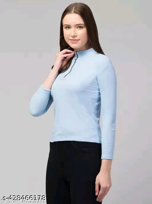Solid cotton blend long sleeve zip top, ideal for women's casual wear from UNIQUE GARMENTS