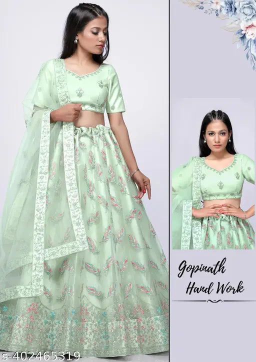 Hand-embroidered Pista Lehenga Choli set with blouse and dupatta in net fabric, free size from Gopinath Hand Work, India