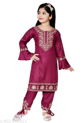 Embroidered Rayon Franky top & bottom set for girls, A-line trousers with dupatta, Indian kids clothing