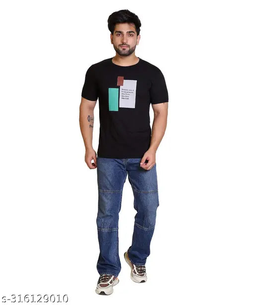 Round black cotton t-shirt for men, printed typography design, short sleeves - MEXMY