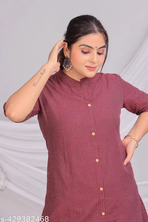 Women's cotton kurta pant set, solid color palazzo style bottomwear with short sleeves on display