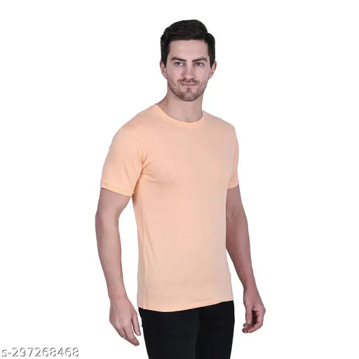 Peach solid cotton D Men's regular fit T-shirt, perfect for Indian summer with round neck design and short sleeves