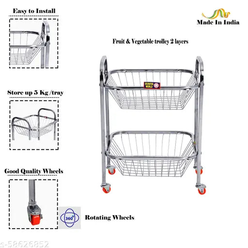 Stainless steel 2-layer fruit & vegetable rack (12x14x20in, 1.4kg), 360 rotation wheels for kitchen storage