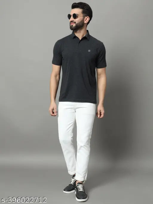 Cotton blend solid polo t-shirt for men, short sleeves, logo on chest - Renuovo India