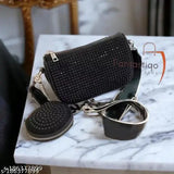 Fancy PU sling bag with embellished net and rhinestone decor, free size (10in x 3in x 5in), made in India