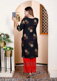 Rayon printed kurta set with palazzos for women, three-quarter sleeves and round neck, trendy Indian fashion on display