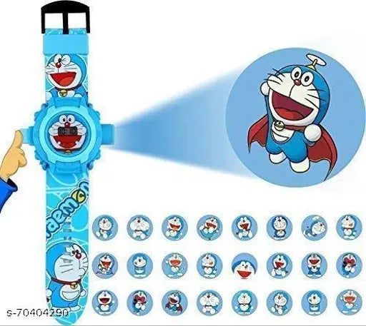 Doreamon-themed digital watch with projector, adjustable rubber band for kids, fun and stylish timepiece