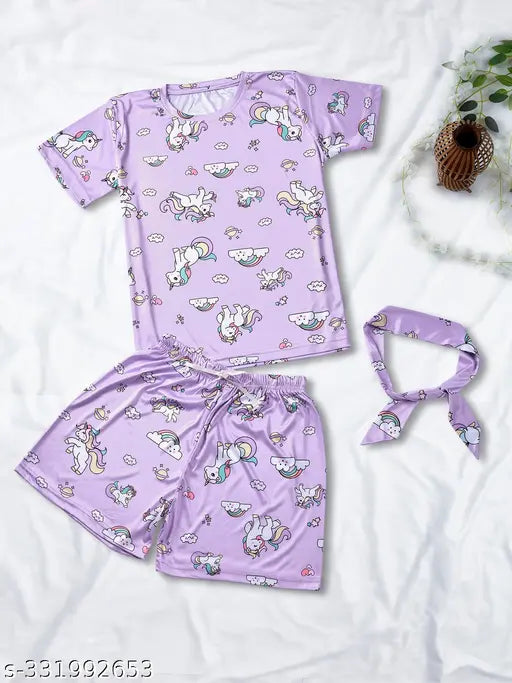 Unicorn print silk night suit set (T-shirt, pajama, shorts) - soft, shiny, comfortable sleepwear with drawstring elastic waistband, India origin