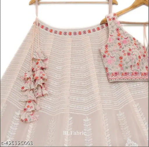 Embroidered georgette women's heavy lehenga-choli set with semi-stitched (waist 42in, length 42in, dupatta 70in) or free size (waist 42in, length 40in, dupatta 70in), origin India