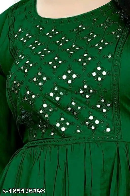 Embroidered rayon Anarkali kurti for women, three-quarter sleeves, embellished design. M: bust 38in, L: bust 40in, XL: bust 42in. Indian fashion garment on mannequin