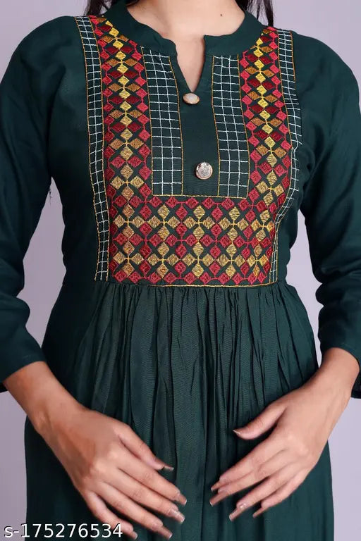 Red floral embroidered rayon kurti, three-quarter sleeves, A-line silhouette, S (36in x 46in), India