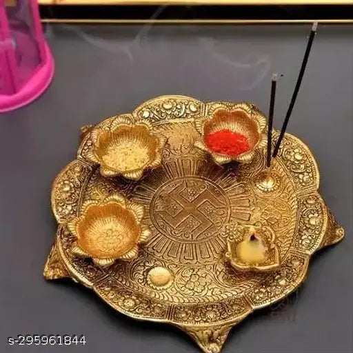 Decorative gold-plated Indian handicraft puja thali set with 3 bowls and 1 diya, perfect for home worship or welcoming guests