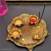 Decorative gold-plated Indian handicraft puja thali set with 3 bowls and 1 diya, perfect for home worship or welcoming guests