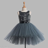 Grey sequinned hi-low girls party dress with toy balloon embellishments, sleeveless net fabric, India origin