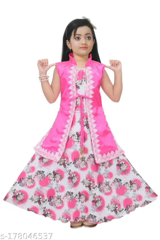 Printed net ethnic gown with long sleeves, fine quality cotton blend, imported from Unike fashion. Versatile for parties, weddings, and Indian festivals like Diwali, Navratri, Dussehra, Pongol, Onam, Lohri, Eid, Christmas. Available in various sizes: 2-3 Years (Bust Size: 21 in, Length Size: 26 in), 3-4 Years (Bust Size: 22 in, Length Size: 27 in), and so on. Made in India