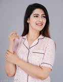 Women's printed pink rayon night suit short combo set, featuring 1 payjama, 1 short, and 1 shirt in various sizes