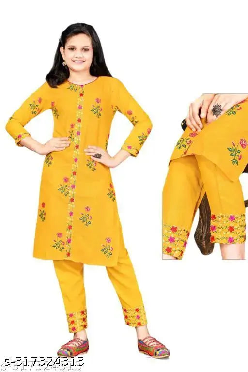 Cotton floral printed kurta pant set for girls, straight top with three-quarter sleeves, calf length trousers, available in various sizes from 6-7 years to 12-13 years, Indian origin