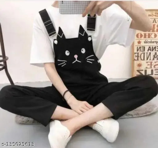 Latest cotton blend cat print jumpsuit for women & girls, features short sleeves & pant style. Fun animal pattern on a comfortable white T-shirt. Made in India (size: XS/S/M)