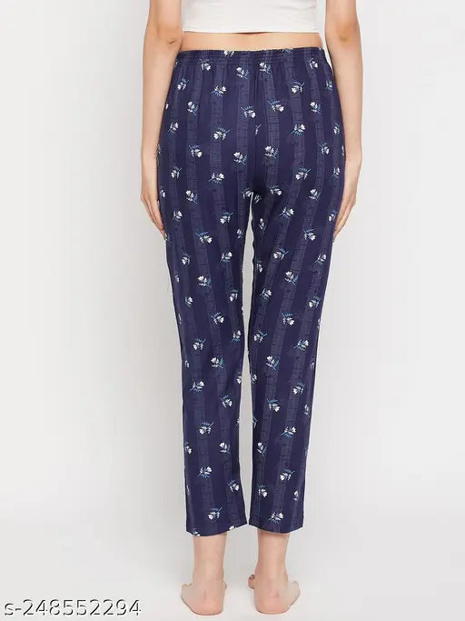 Navy blue printed rayon cotton maxi length women's straight pyjama on hanger