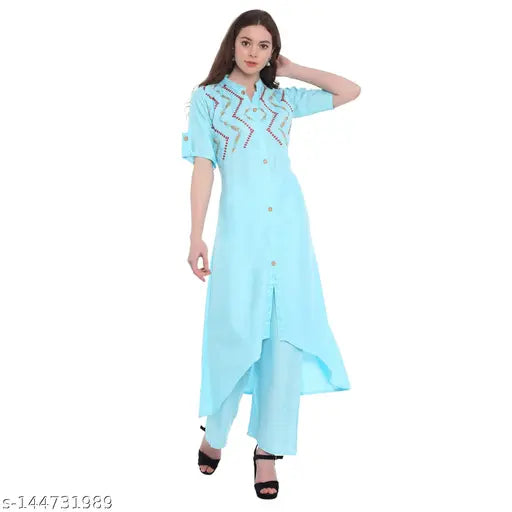 Trendy rayon kurta palazzo set for women, embroidered net Indian fashion with short sleeves, size M-XXXL