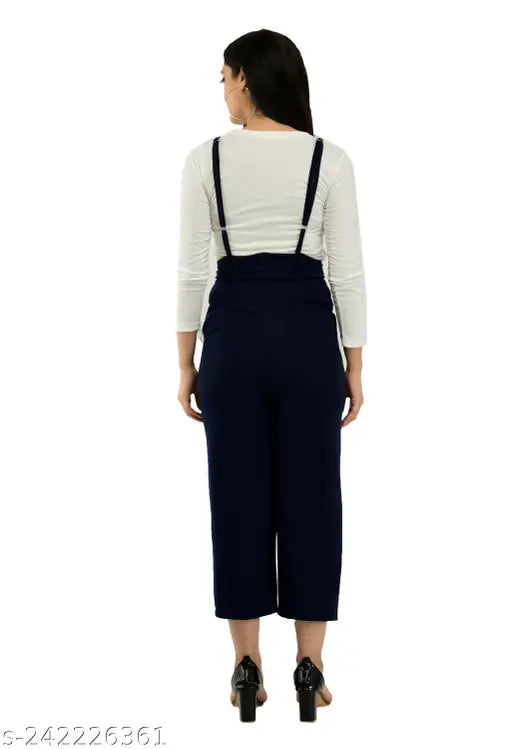 Navy blue cotton blend dungaree set with white full sleeve t-shirt, women's casual dress for multiple sizes (S-XL)