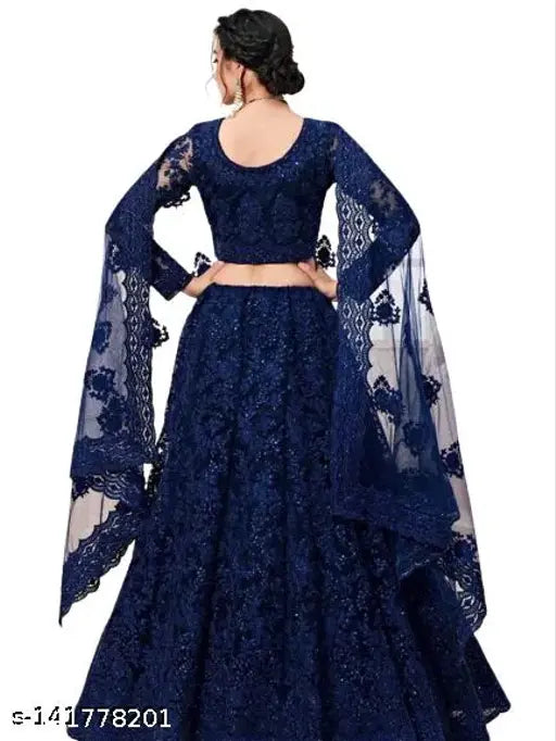 Blue embroidered semi-stitched lehenga choli set with net fabric, embellished dupatta on display stand