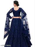 Blue embroidered semi-stitched lehenga choli set with net fabric, embellished dupatta on display stand