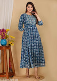 Blue Rayon printed embroidery kurta for women's casual and office wear, three-quarter sleeves, trendy Anarkali gown design