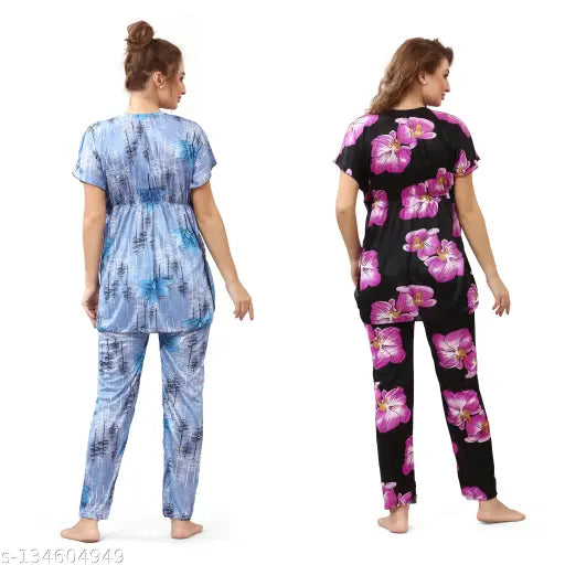 Printed kaftan style night suit & pyjama combo pack (2), made of soft satin fabric - ideal for loungewear or sleepwear