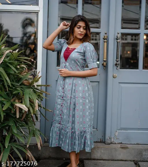 Rayon printed kurta dress, short sleeves, Indian party wear for women, stylish woven designer gown by GBK Fashion