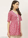 Pink & White printed pure cotton A-line top, JAPER KURTI women's style with v-neck and short sleeves featuring floral print and tie-ups on sleeves, Indian origin
