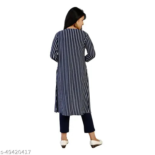 Navy stripe cotton blend three-piece set for girls: top, shrug with mask, ankle length pant - trendy, fashionable, striped design for ages 8-13 years