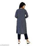 Navy stripe cotton blend three-piece set for girls: top, shrug with mask, ankle length pant - trendy, fashionable, striped design for ages 8-13 years