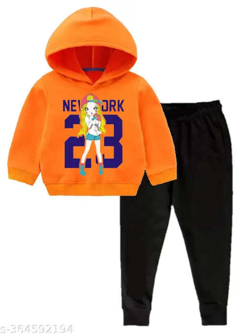 Orange cotton blend girls' winter sweatshirt hoodies & pants set, printed pattern, warm & comfortable for cold conditions